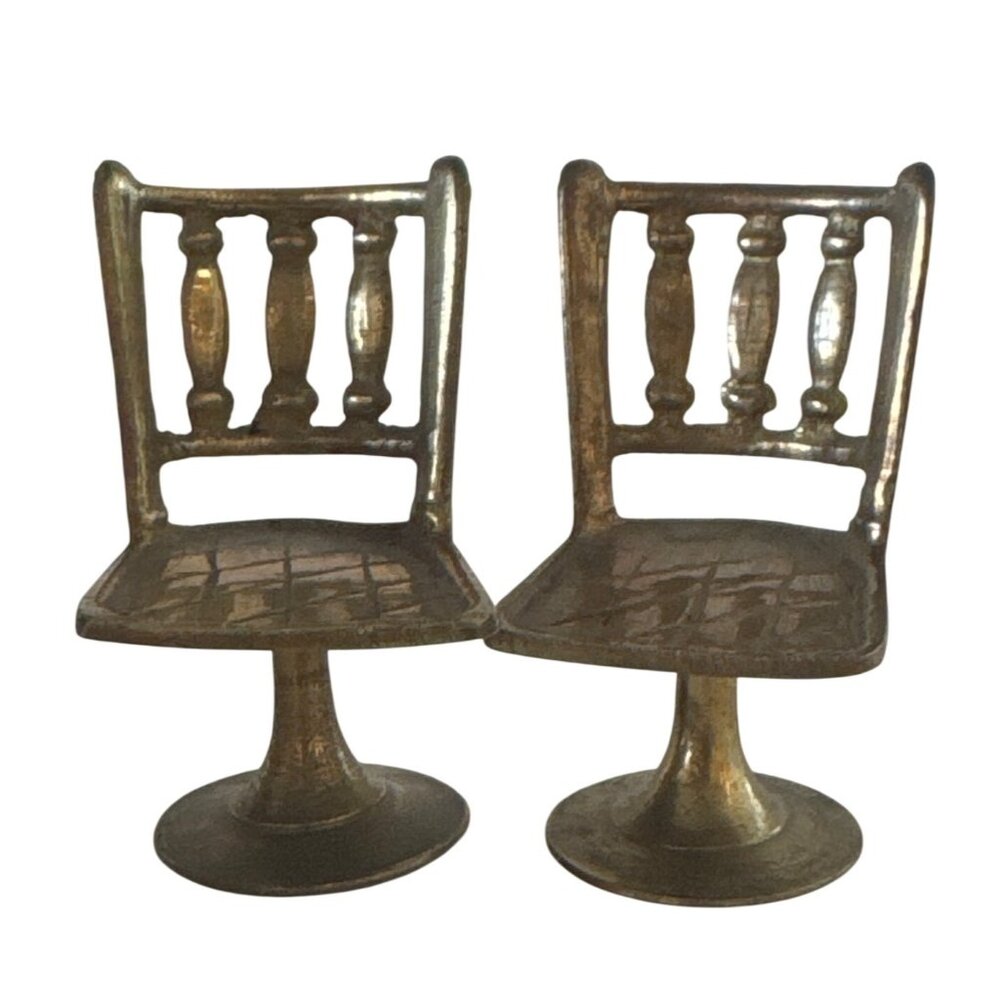 Vintage Brass Miniature Pedestal Chairs Pair 2.5 Inches Tall Intricate Design Co